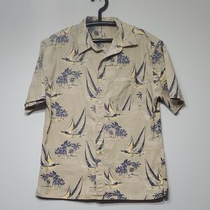 Men's Beige Sailboat Palm Trees Print Shirt Medium By Croft&Borrow